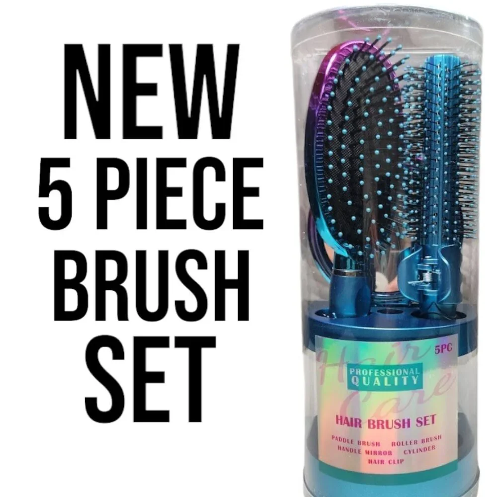 NEW 5-Piece Hairbrush Brush Set Hand Mirror Beauty Brushes Blue Easter Basket
